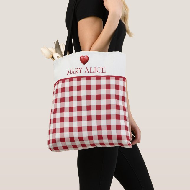 Antikes Rot und Creme Gingham mit Herz Tasche (Von Nahem)