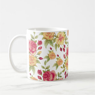 Antikes Rot- und Gelbrosen- und Rosenknospenmuster Kaffeetasse