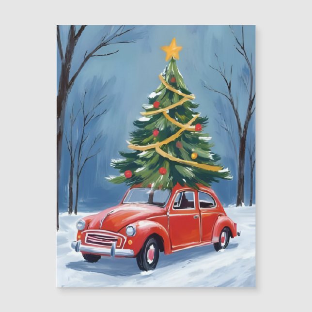 Antikes rotes Auto Weihnachtsbaum Magnetkarte (Vorderseite)