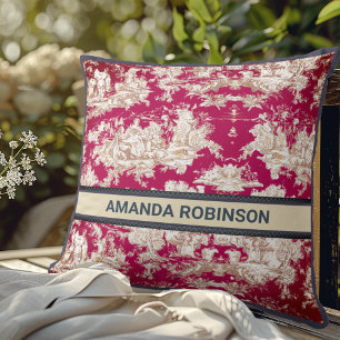 Antikes rotes Blumen-Toile de Jouy Monogramm Kissen