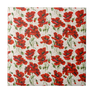Antikes rotes Mohnblumen-Blumenmuster Botanische K Fliese