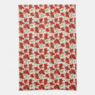 Antikes rotes Mohnblumen-Blumenmuster Botanische K Geschirrtuch