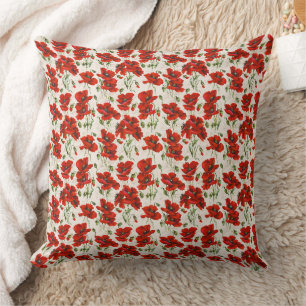 Antikes rotes Mohnblumen-Blumenmuster Botanische K Kissen
