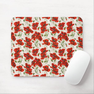 Antikes rotes Mohnblumen-Blumenmuster Botanische K Mousepad