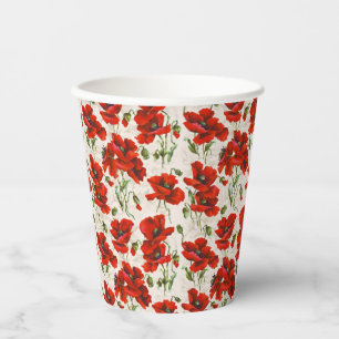 Antikes rotes Mohnblumen-Blumenmuster Botanische K Pappbecher
