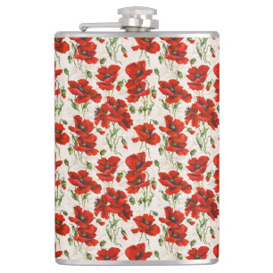 Antikes rotes Mohnblumen-Muster Botanische Kunst Flachmann