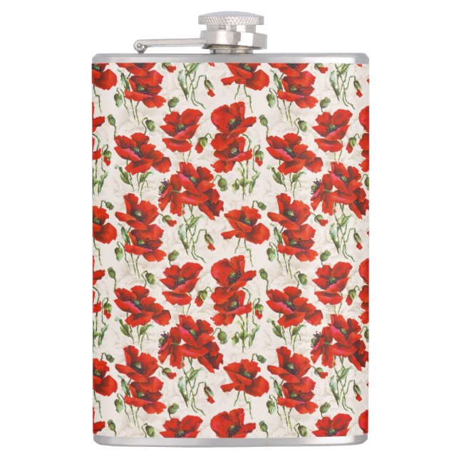 Antikes rotes Mohnblumen-Muster Botanische Kunst Flachmann (Vorderseite)
