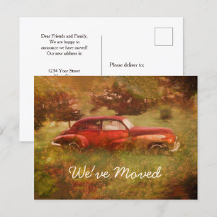 Antikes rotes Retro-Auto, rustikales neues Zuhause Postkarte