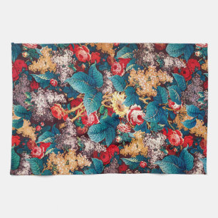 Antikes rotes Rosen- und Flieder-Blumenmuster Geschirrtuch
