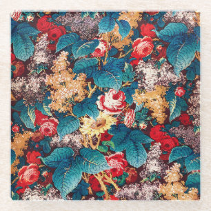 Antikes rotes Rosen- und Flieder-Blumenmuster Glasuntersetzer