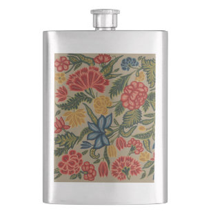 Antikes rotes und goldenes Crewel-Blumenmuster Flachmann