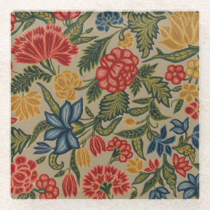 Antikes rotes und goldenes Crewel-Blumenmuster Glasuntersetzer