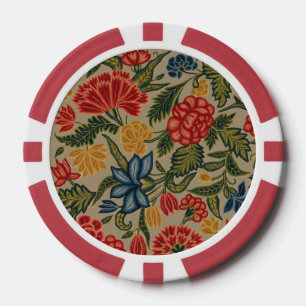 Antikes rotes und goldenes Crewel-Blumenmuster Pokerchips