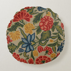 Antikes rotes und goldenes Crewel-Blumenmuster Rundes Kissen