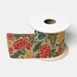 Antikes rotes und goldenes Crewel-Blumenmuster Satinband