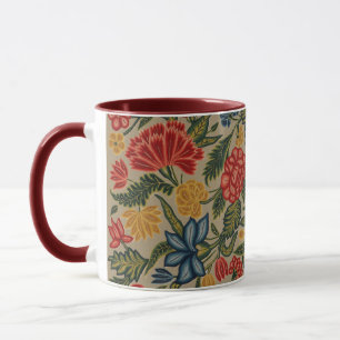 Antikes rotes und goldenes Crewel-Blumenmuster Tasse