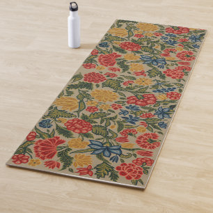 Antikes rotes und goldenes Crewel-Blumenmuster Yogamatte