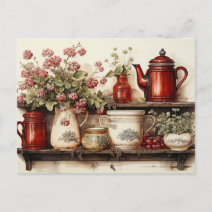 Antikes rotes und weißes Aquarell-Landküche Postkarte