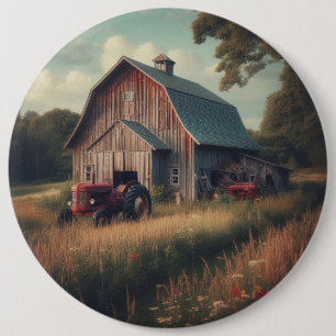 Antikes rustikales Bauernhaus und alte Traktoren Button
