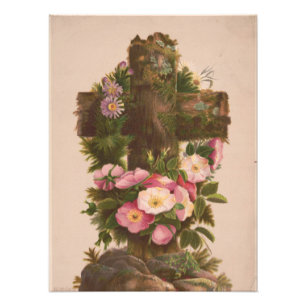 Antikes rustikales Kreuz, Wilde Rosen, Osterkarte, Fotodruck
