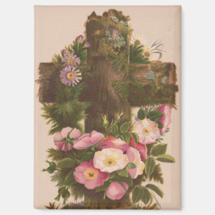 Antikes rustikales Kreuz, Wilde Rosen, Osterkarte, Magnet