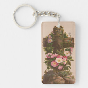 Antikes rustikales Kreuz, Wilde Rosen, Osterkarte, Schlüsselanhänger