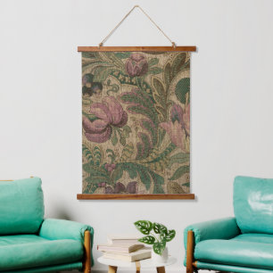 Antikes Salbei-Mauve 1918 Botanisches Muster Wandteppich Mit Holzrahmen