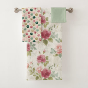 Antikes Salbei- und Rosa Blumen-Wasserfarbenmuster Badhandtuch Set