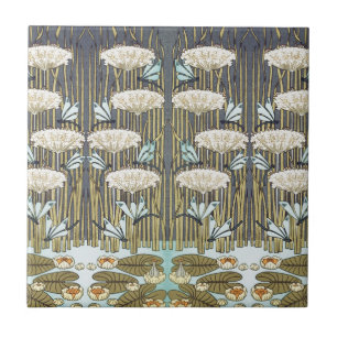 Antikes Salbeigrün Libelle & Lilie Kunst Fliese