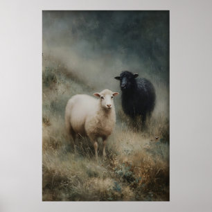 Antikes Schafsdruck, Schwarze Schaf-Farmhaus Poster
