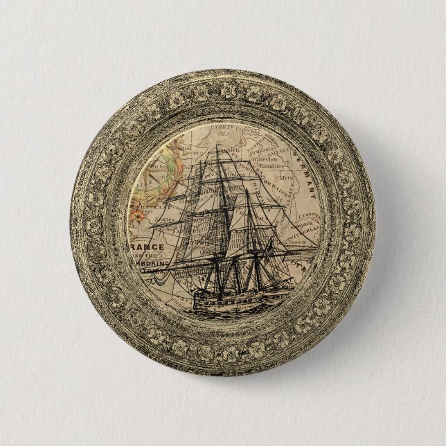 Antikes Schiff und Karte Button (Vorderseite)