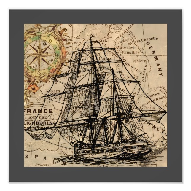 Antikes Schiff und Karte Fotodruck (Vorne)