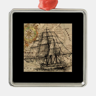 Antikes Schiff und Karte Ornament Aus Metall