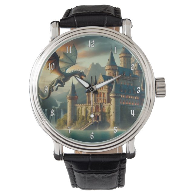 Antikes Schloss unter Angriff eines fliegenden Dra Armbanduhr (Vorderseite)