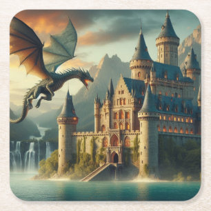 Antikes Schloss unter Angriff eines fliegenden Dra Rechteckiger Pappuntersetzer