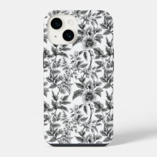 Antikes Schwarz-Weiß-Blumenmuster mit Farnen iPhone 14 Hülle