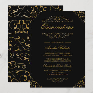 Antikes Schwarzes Gold Blüh Einladung Quinceanera