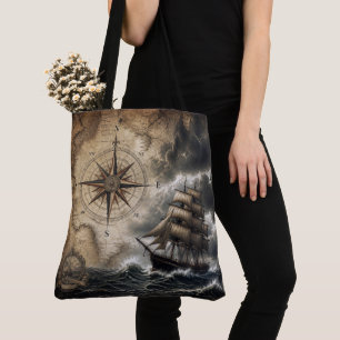 Antikes Segelschiff mit Kompassrose Tasche