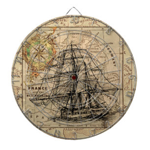 Antikes Segelschiff und alte europäische Karte Dartscheibe
