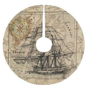 Antikes Segelschiff und alte europäische Karte Polyester Weihnachtsbaumdecke