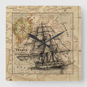 Antikes Segelschiff und alte europäische Karte Quadratische Wanduhr