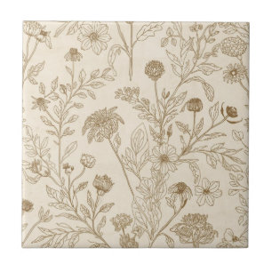 Antikes Sepia-Botanik-Linienkunst-Blumenmuster Fliese