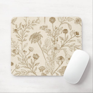Antikes Sepia-Botanik-Linienkunst-Blumenmuster Mousepad