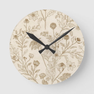 Antikes Sepia-Botanik-Linienkunst-Blumenmuster Runde Wanduhr