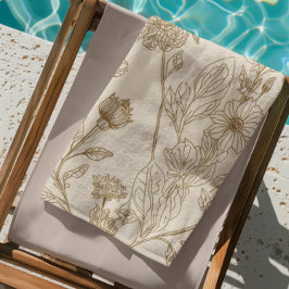 Antikes Sepia-Botanik-Linienkunst-Blumenmuster Strandtuch