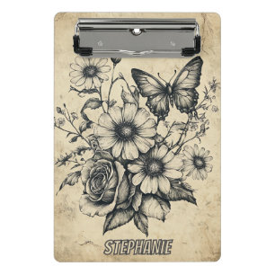 Antikes Sepia-Schmetterling-Rosen-Gänseblümchen-Bo Mini Klemmbrett