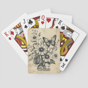 Antikes Sepia-Schmetterling-Rosen-Gänseblümchen-Bo Spielkarten