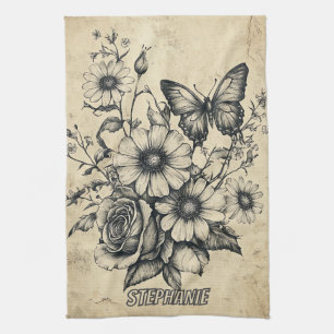 Antikes Sepia-Schmetterlings-Rosen-Gänseblümchen-B Geschirrtuch