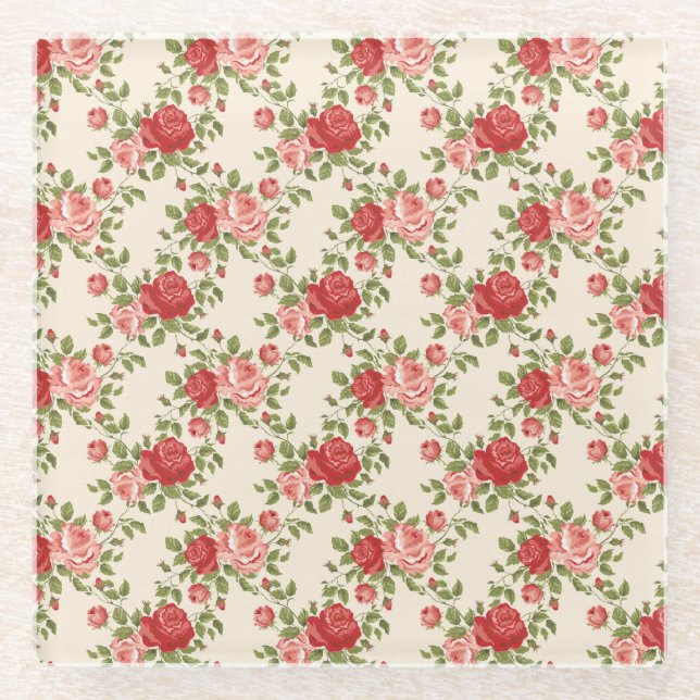 Antikes Shabby Chic Rosenmuster Glasuntersetzer (Vorderseite)