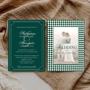Antikes Smaragd Kariert Old Money Foto Hochzeit Einladung